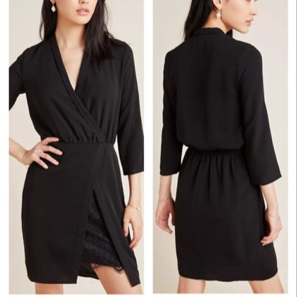 Anthropologie NSR Black Naomi Surplice Lace Cross Over Small Pullover Dress NWT